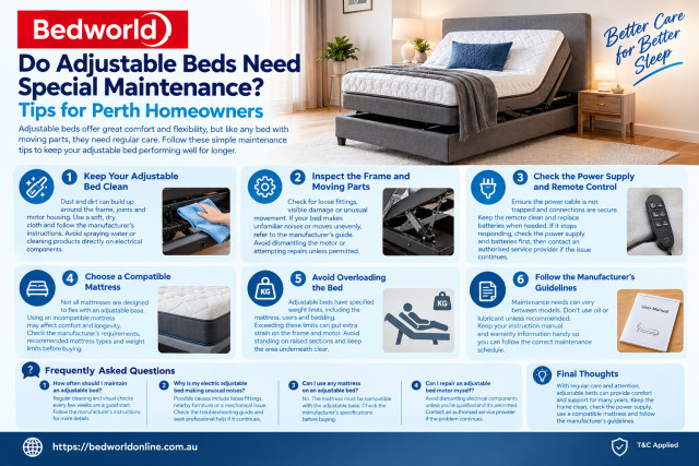 Adjustable beds need regular maintenance to keep their motors, moving parts and frames working properly. Perth homeowners can help maintain their electric adjustable beds by checking connections, keeping moving parts free from dust and following the manu